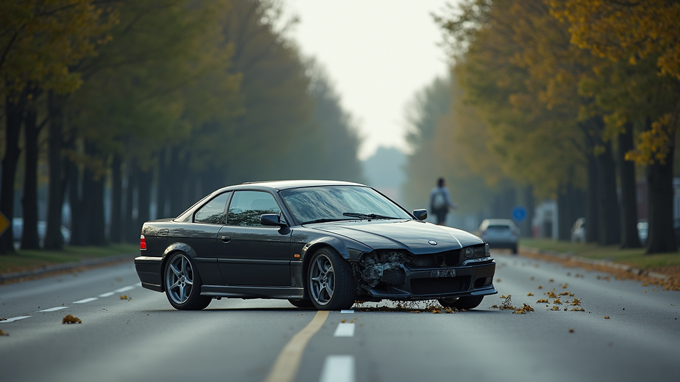 Eye-level view of a car accident scene on a suburban road