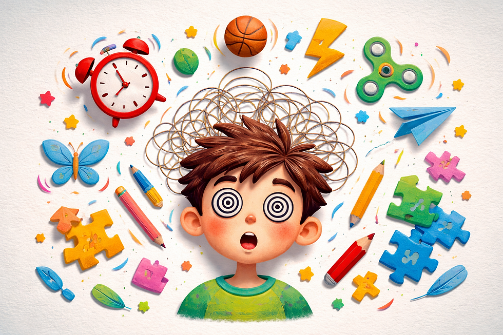 A boy with spiraled eyes is surrounded by colorful items like a red clock, basketball, pencils, fidget spinner, and puzzle pieces, conveying chaos.