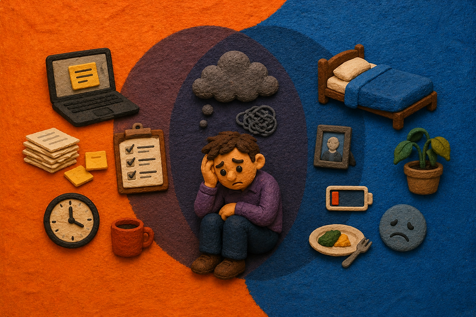 Sad person sits between orange and blue halves, surrounded by laptop, checklist, clock, bed, phone, plant, and meal icons.