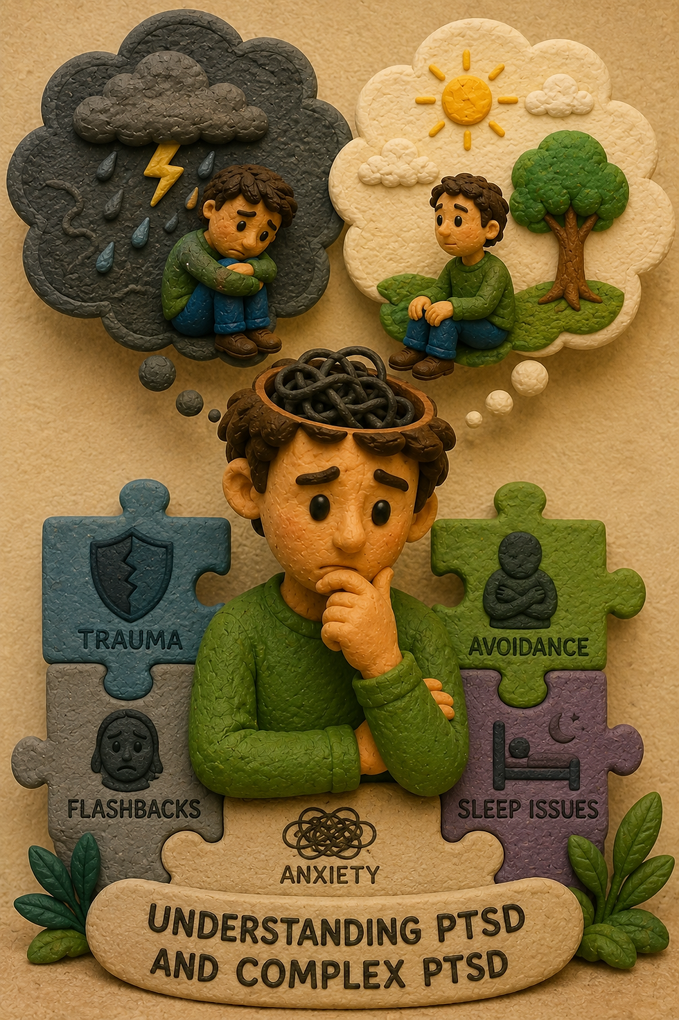 Clay figure of anxious man amid dark storm and sunny thoughts, with puzzle pieces labeled trauma, avoidance, flashbacks, sleep issues.