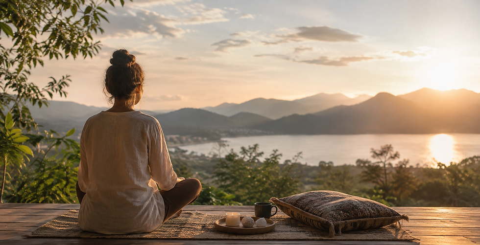 Woman sits cross-legged on a mat, meditating at sunset beside a candle and cup, overlooking a lake and mountains.