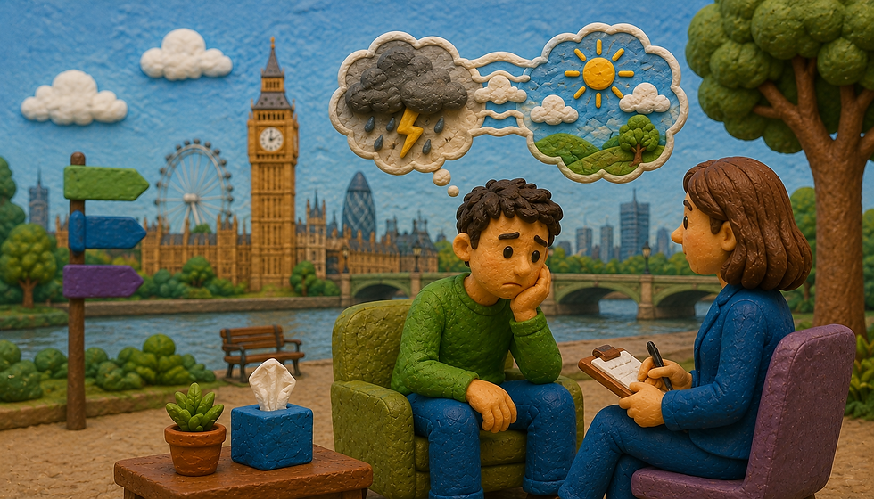 Clay man in green confides to counselor by the Thames, worried about a storm cloud thought bubble over Big Ben in London.