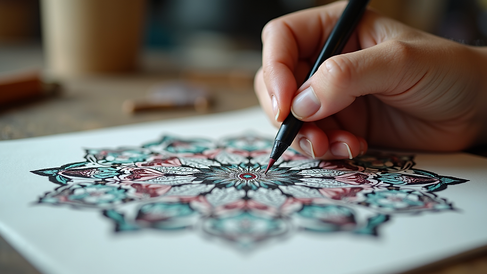 Close-up view of a person coloring in a detailed mandala design