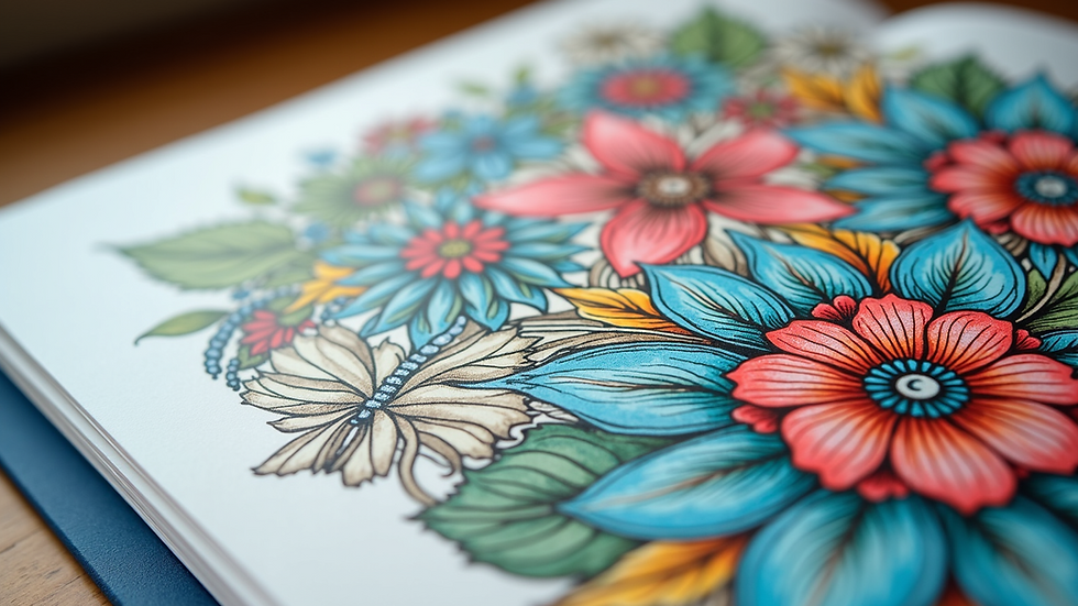 Close-up view of a beautifully colored page from a handcrafted coloring book