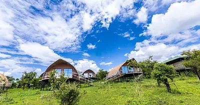 Wooden lodges on a green hillside with blue sky and white clouds