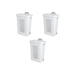 Sterilite 3-Pack Ultra Wheeled Hamper, Laundry Basket Flip-Top Lid & Retractable Handle