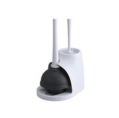 Clorox Toilet Plunger and Brush Bowl Set with Holder Caddy Storage for Cleaning Bathroom and Unclogging Toilets, White and Gray