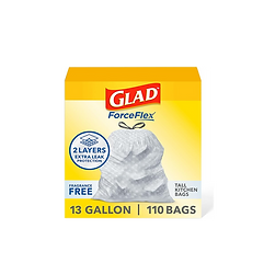 Glad ForceFlex Tall Kitchen Drawstring Trash Bags, 13 Gal, Fragrance Free, 110 Ct