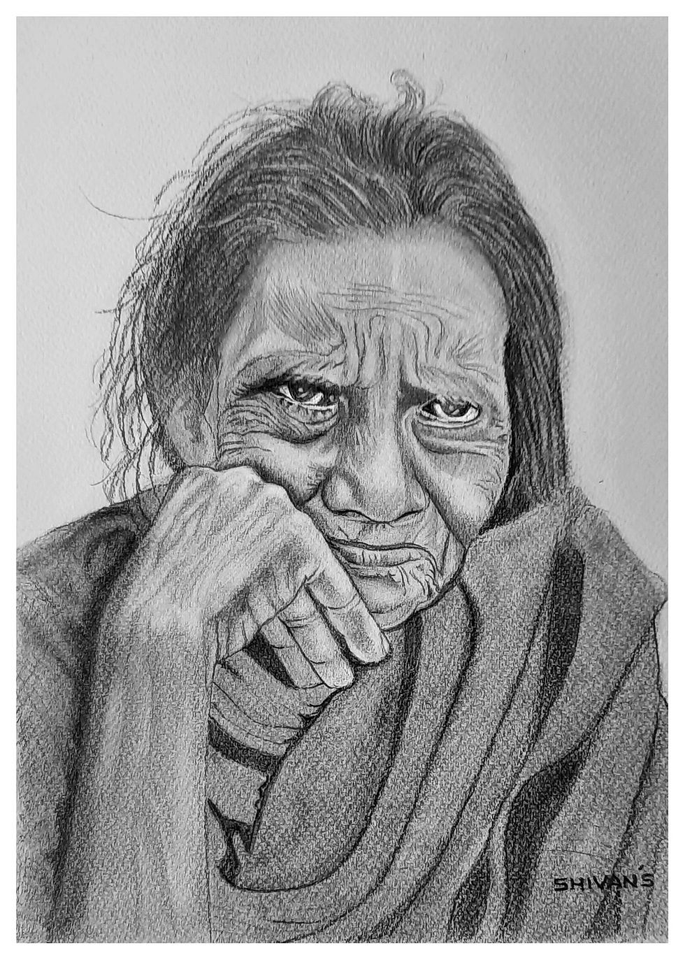 Handmade graphite pencil portrait of an old woman. 