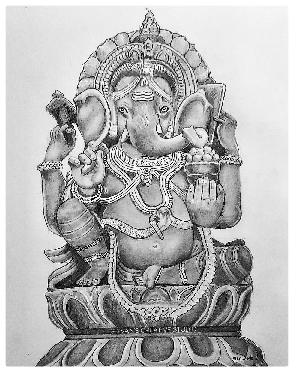 Handmade graphite pencil portrait of Lord Vigneshwara.