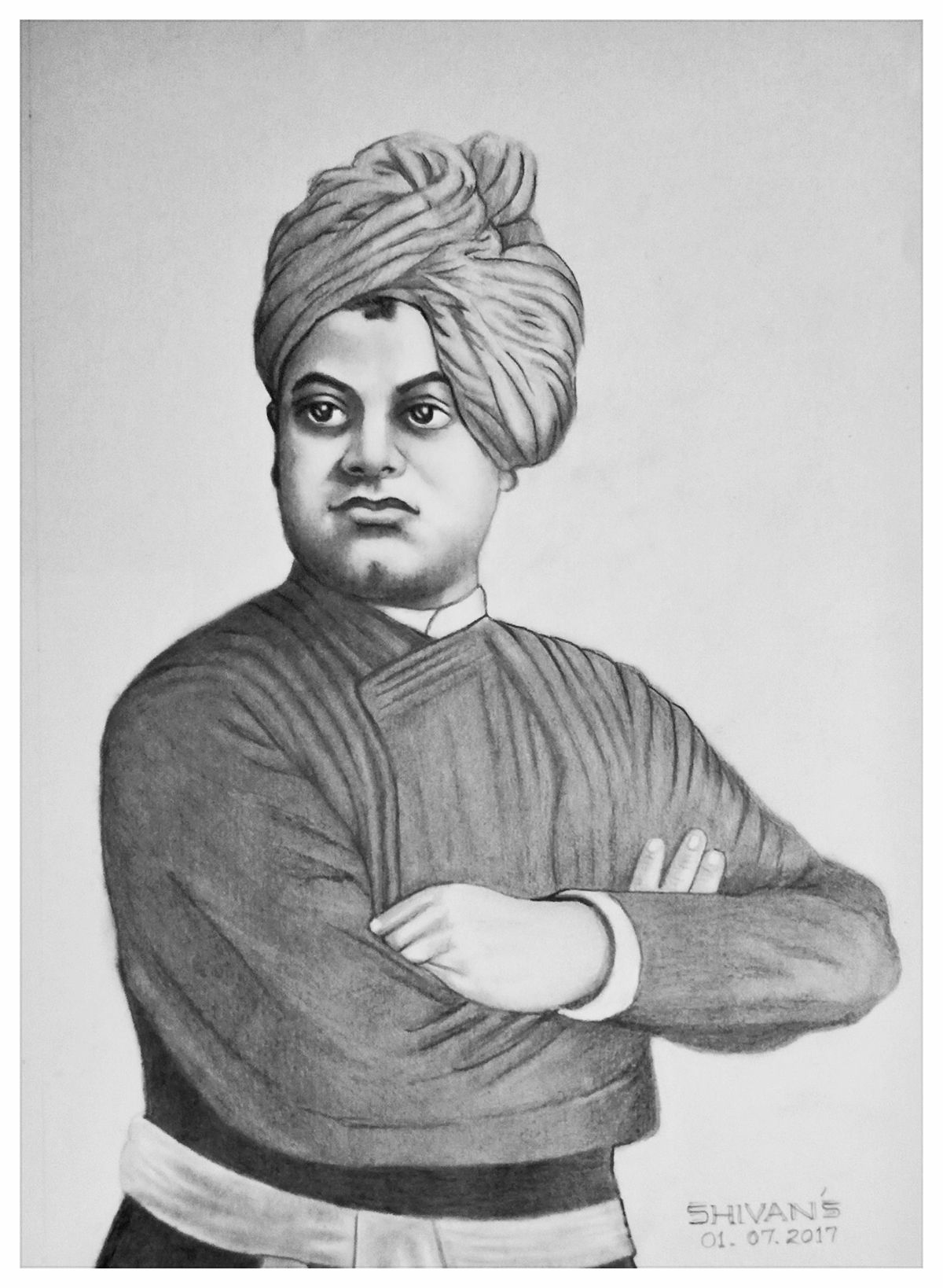 Handmade graphite pencil portrait of Indian spiritual master Swami Vivekananda.