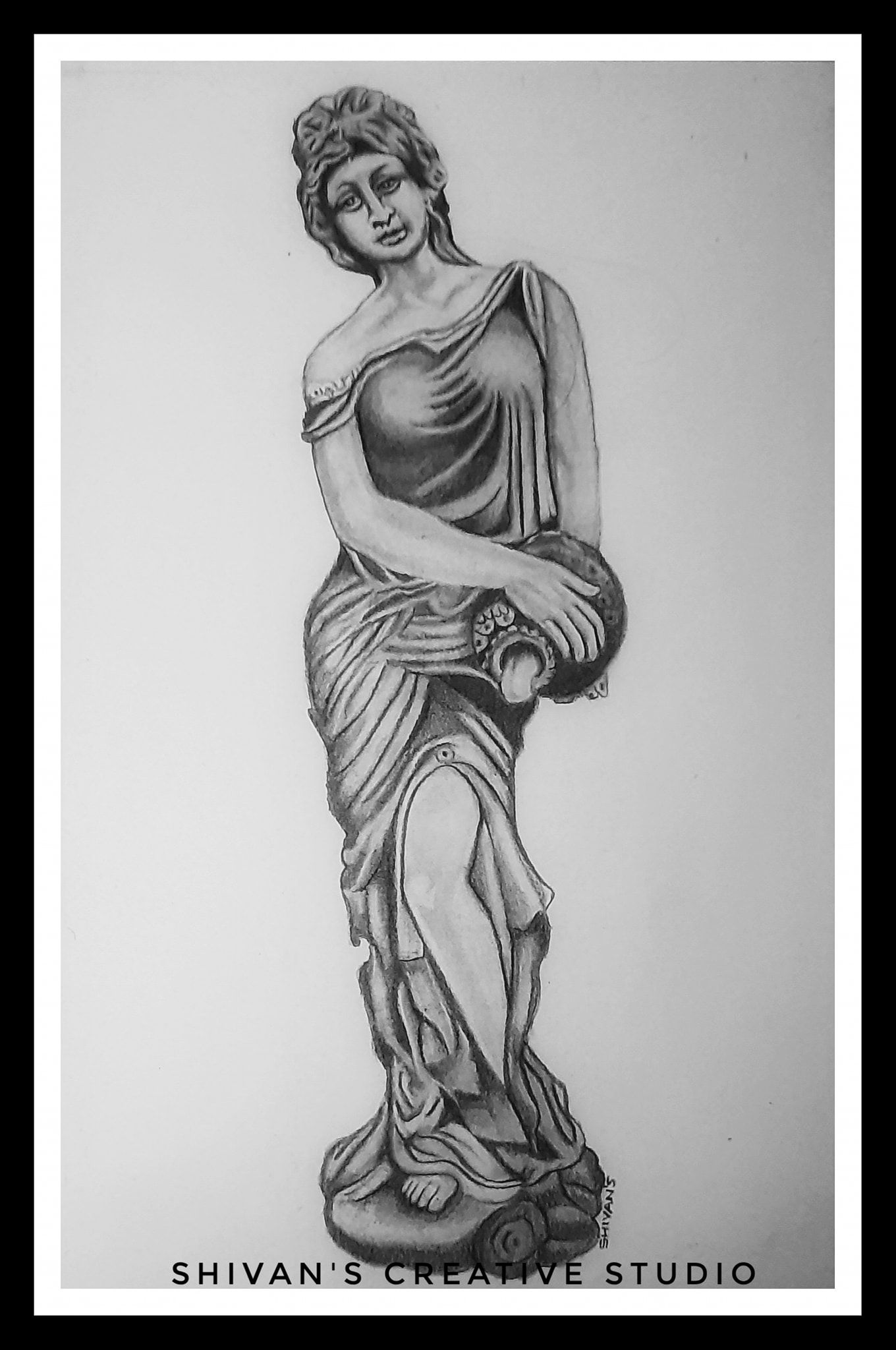 Handmade graphite pencil portrait of the statue of a lady.