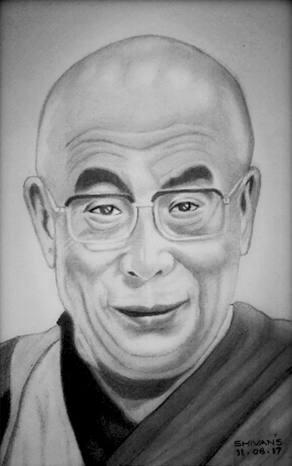 Handmade graphite pencil portrait of Dalai Lama, the highest spiritual leader and head of Tibetan Buddhism.