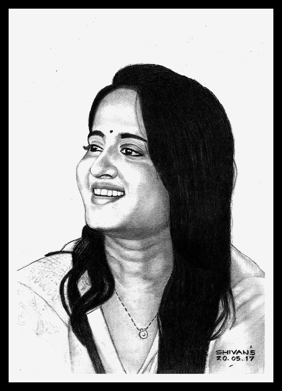 Handmade graphite pencil portrait of Anuksha Shetty, Indian actress.