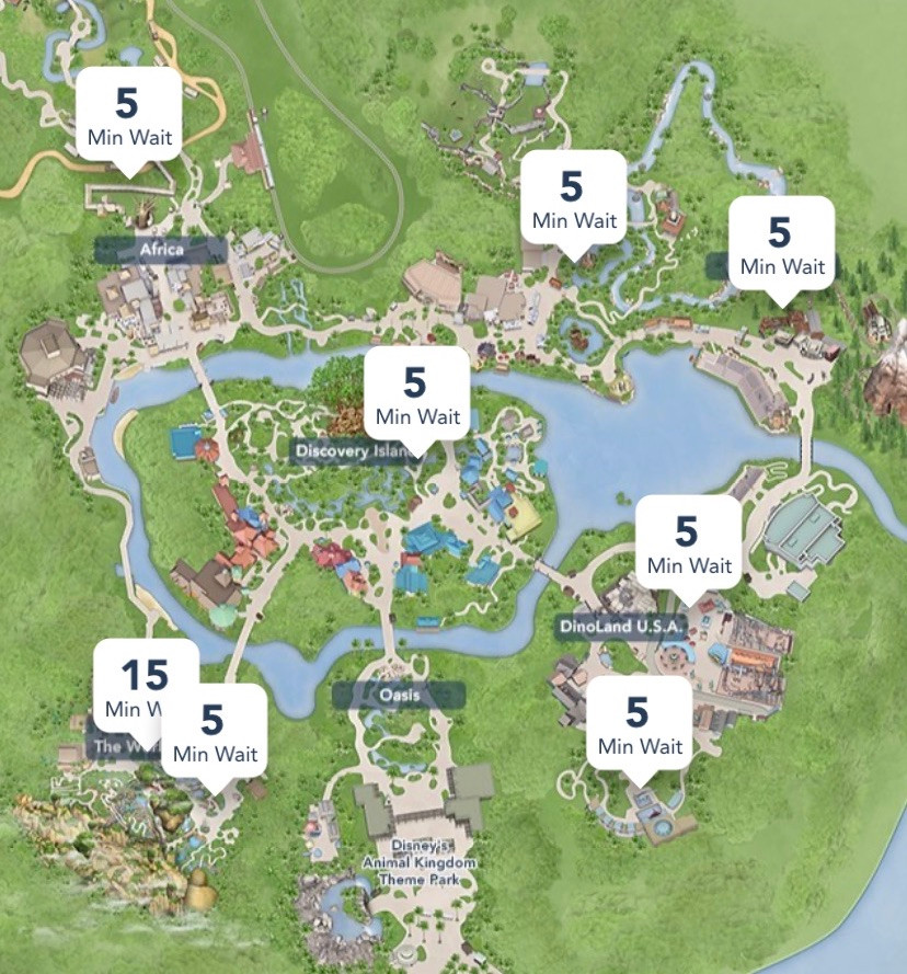 Disney World park map of Animal Kingdom showing wait time for Flight of Passage and Expedition Everest among other rides