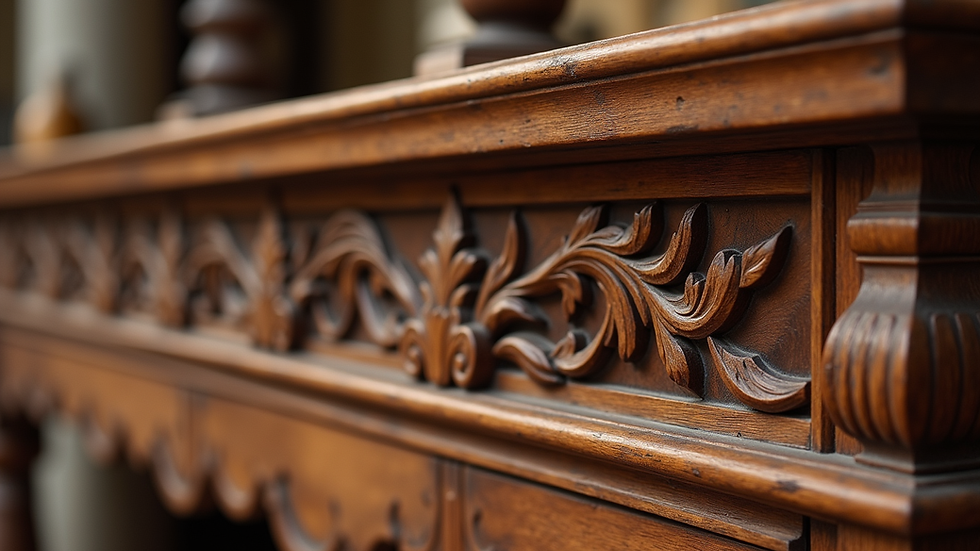 Close-up view of hand-carved wooden furniture showcasing intricate craftsmanship