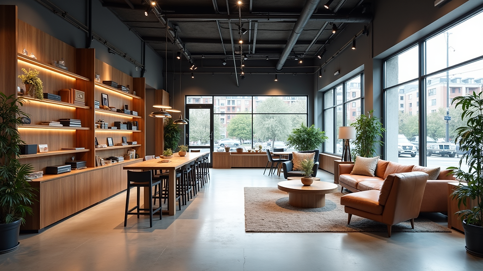 Wide angle view of a retail store interior with industrial design elements