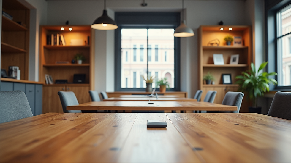 Eye-level view of a modern office with custom wooden desks and shelves