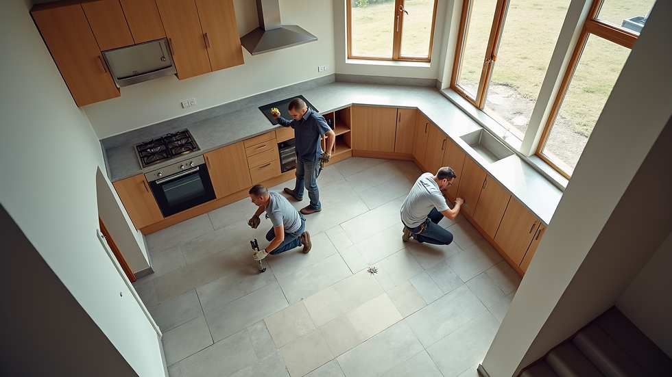 High angle view of construction workers installing tiles in a kitchen