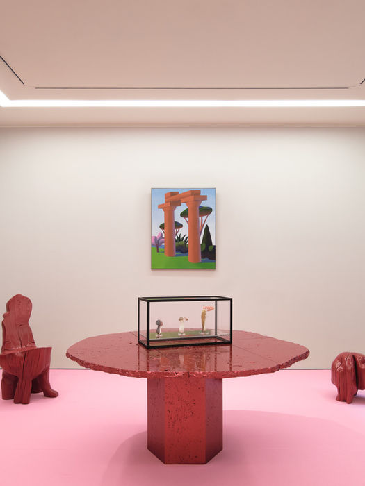 Dining Table in Travertine, Collectible Design, red, carsten holler mushrooms