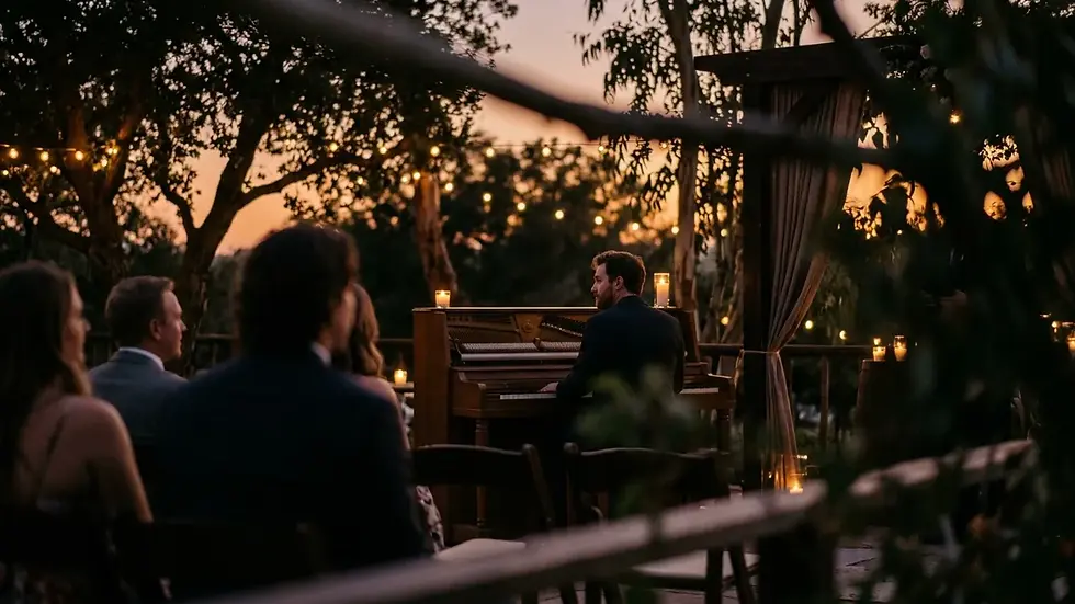Live prelude wedding music performed on acoustic piano at outdoor ceremony
