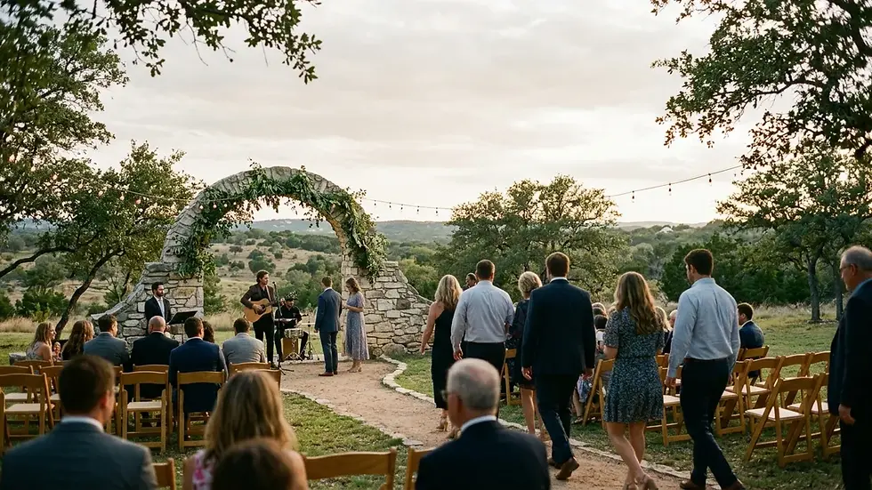 Live prelude song for wedding ceremony with guests being seated at outdoor Texas Hill Country venue