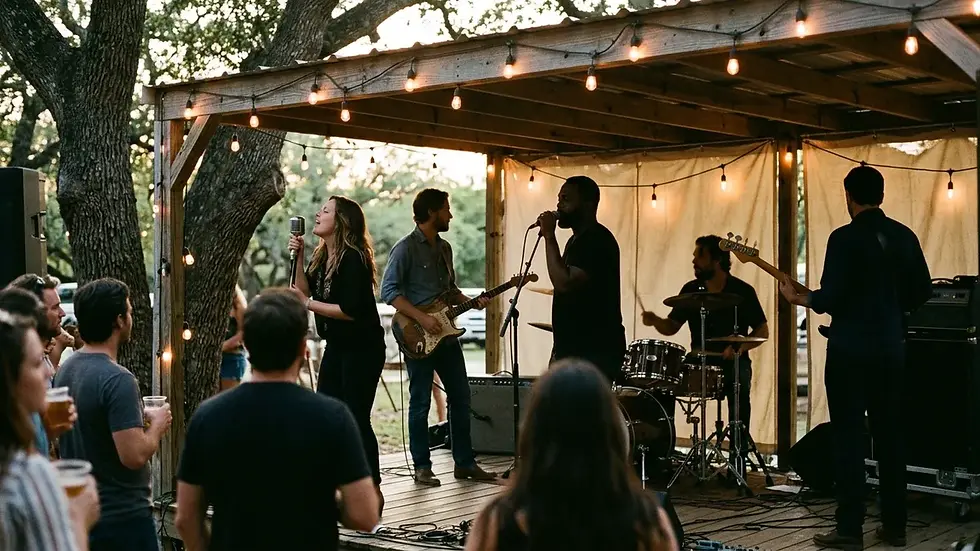 Live band performing hype groomsmen entrance songs at a Texas wedding