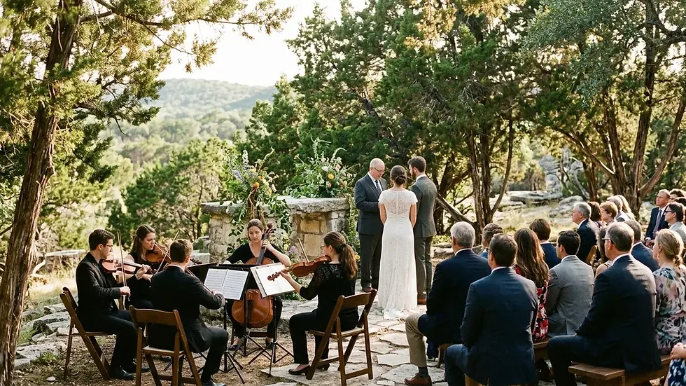 String quartet performing instrumental wedding march songs at sunlit Texas Hill Country outdoor ceremony