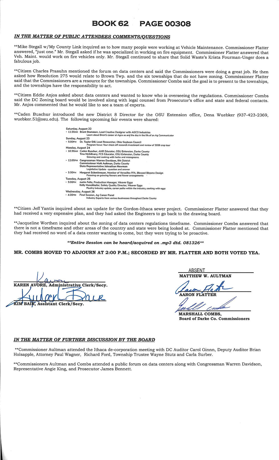 Session Minutes - Thursday, August 13, 2026