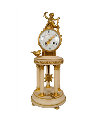 Clock, Roman, columns, pendulum, marble, bronze, gilded, antique, sun