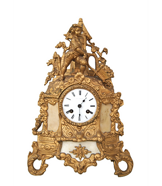 clock, gold, antique, boy, wheelbarrow, garden, gardener, French