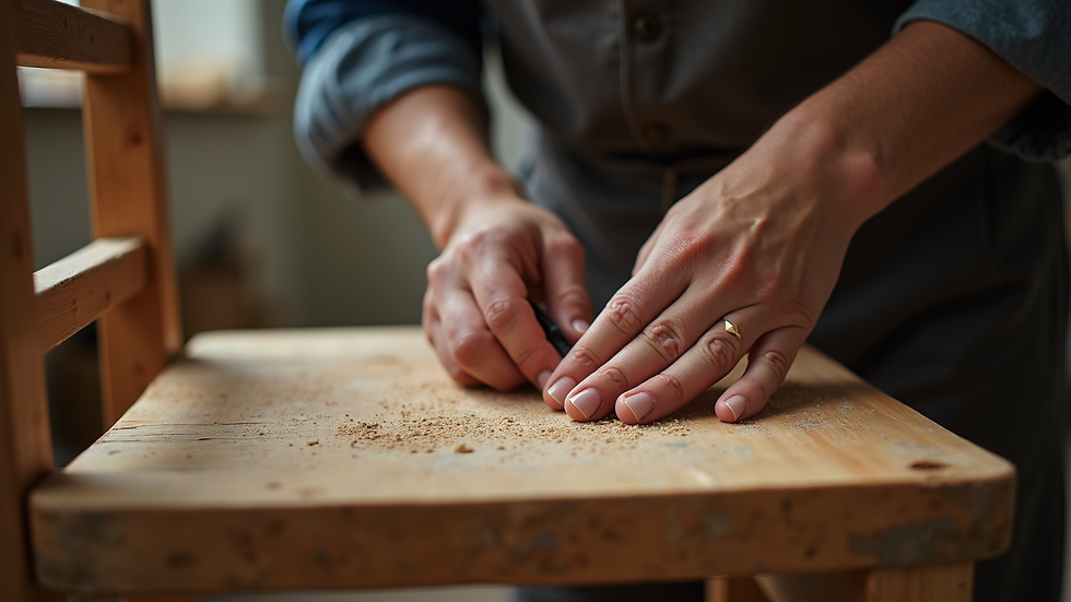 Close-up view of a craftsman’s hands carving details into a wooden chair