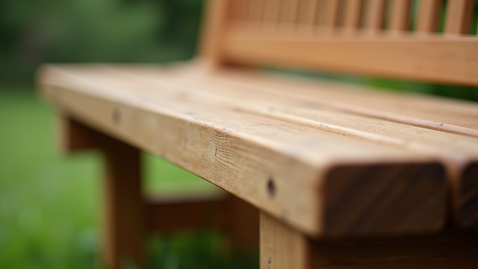 Close-up view of a handcrafted wooden garden bench showing wood grain and joinery