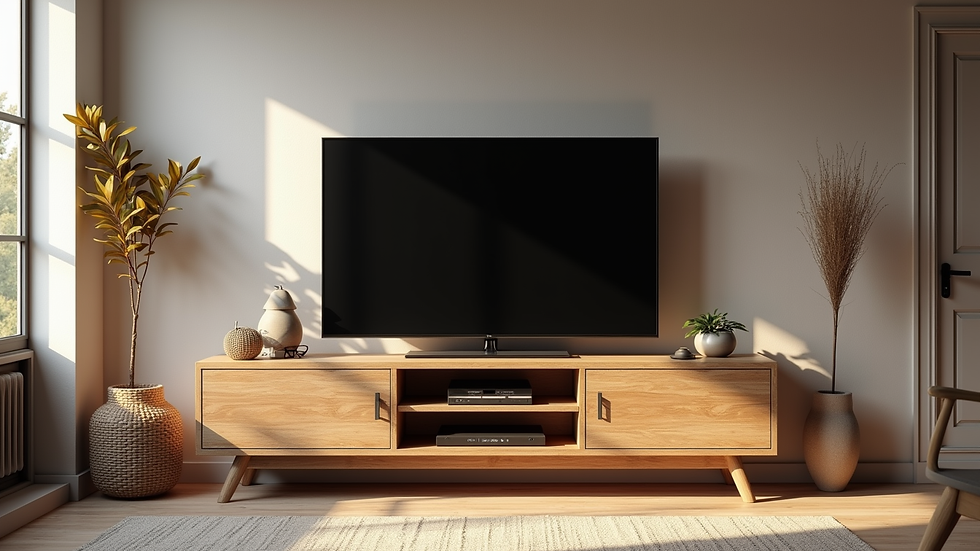 Eye-level view of a handcrafted wooden TV unit in a rustic living room
