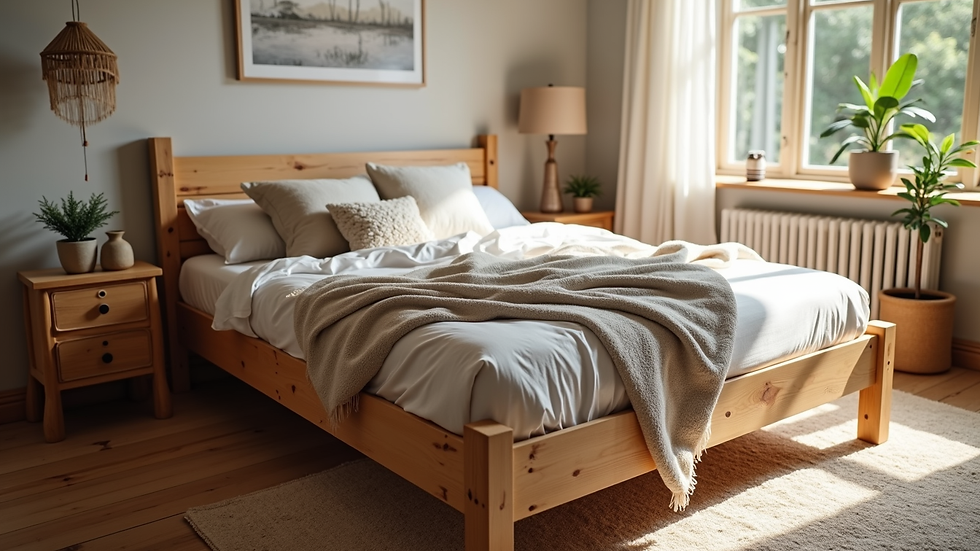 High angle view of a wooden bed frame made from reclaimed pine in a cozy bedroom