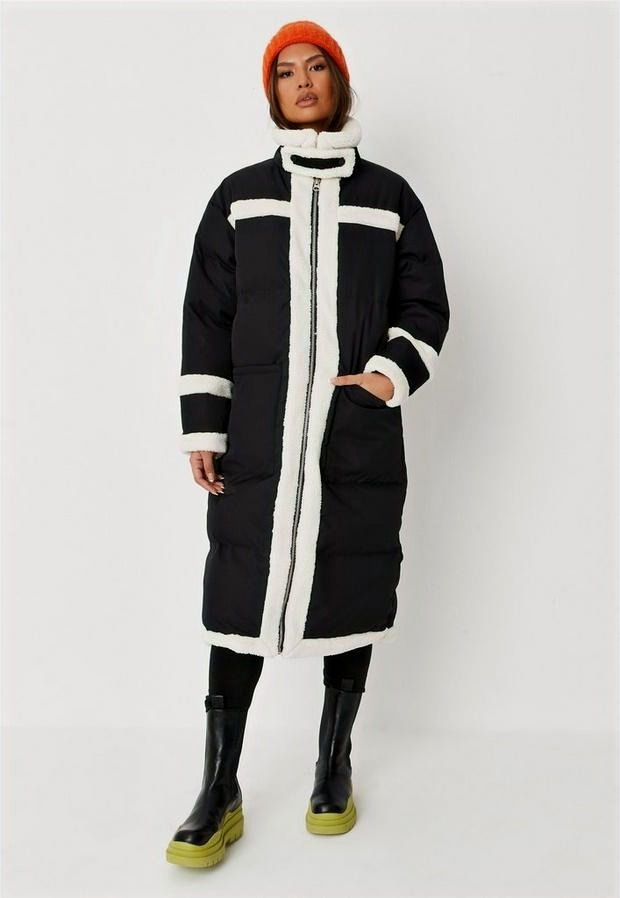 Tall Black Borg Contrast Long Line Puffer Coat, Black