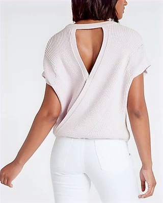 Open Stitch Back Cutout Short Sleeve Sweater Purple Women's