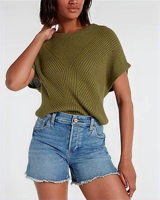 Open Stitch Back Cutout Short Sleeve Sweater Green Women's