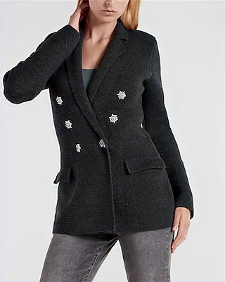 Double Breasted Embellished Rhinestone Button Sweater Cropped Business Blazer Gray Women's 