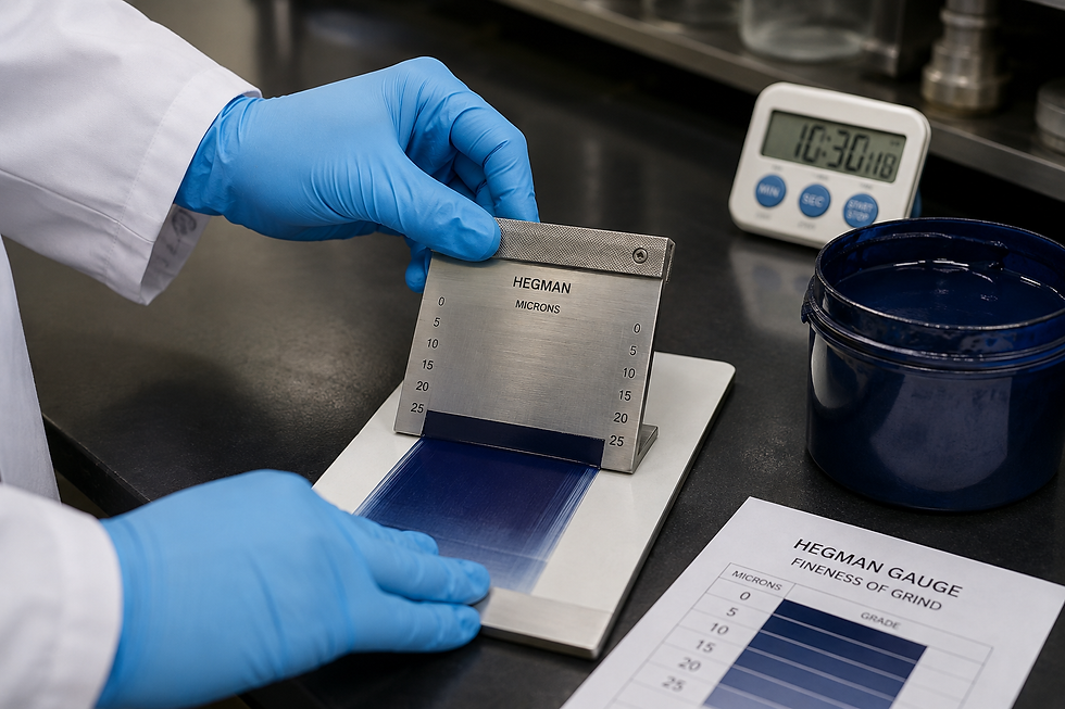 Lab technician testing ink fineness with a grind gauge (Hegman gauge) equipment