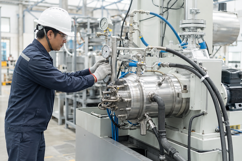 Technician commissioning an industrial grinding machine, checking gauges and hoses, side view, factory setting