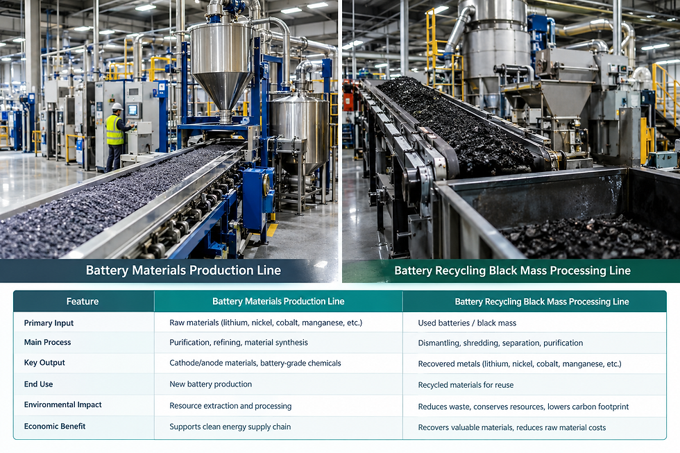 Battery materials production versus battery recycling processing lines