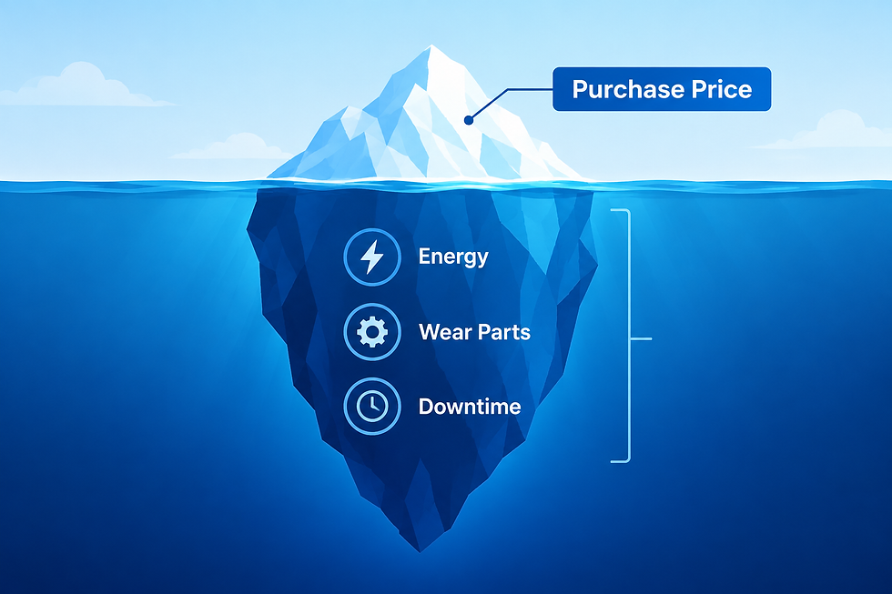 Bead mill total cost of ownership iceberg showing hidden operating costs