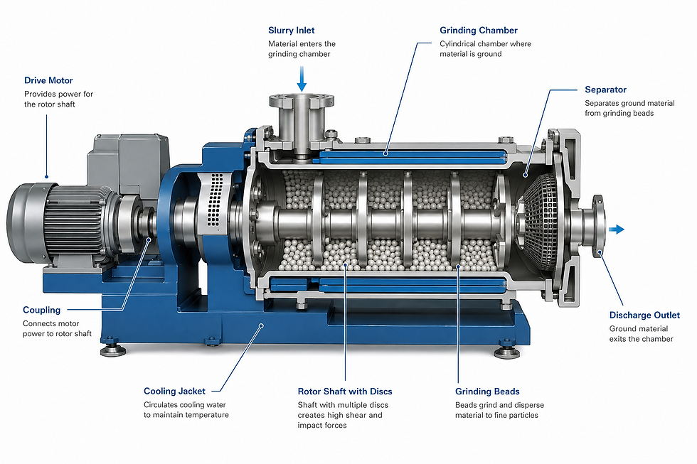 Cutaway diagram of horizontal bead mill internal structure showing chamber, rotor, and separator
