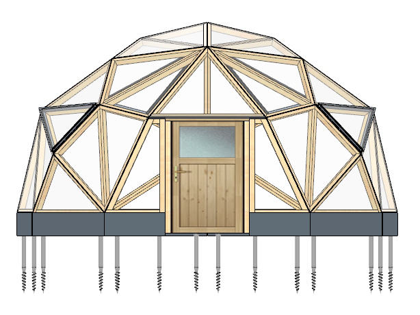 Geodome Zeichnung mit Fenstern, Tür und Schraubfundamenten