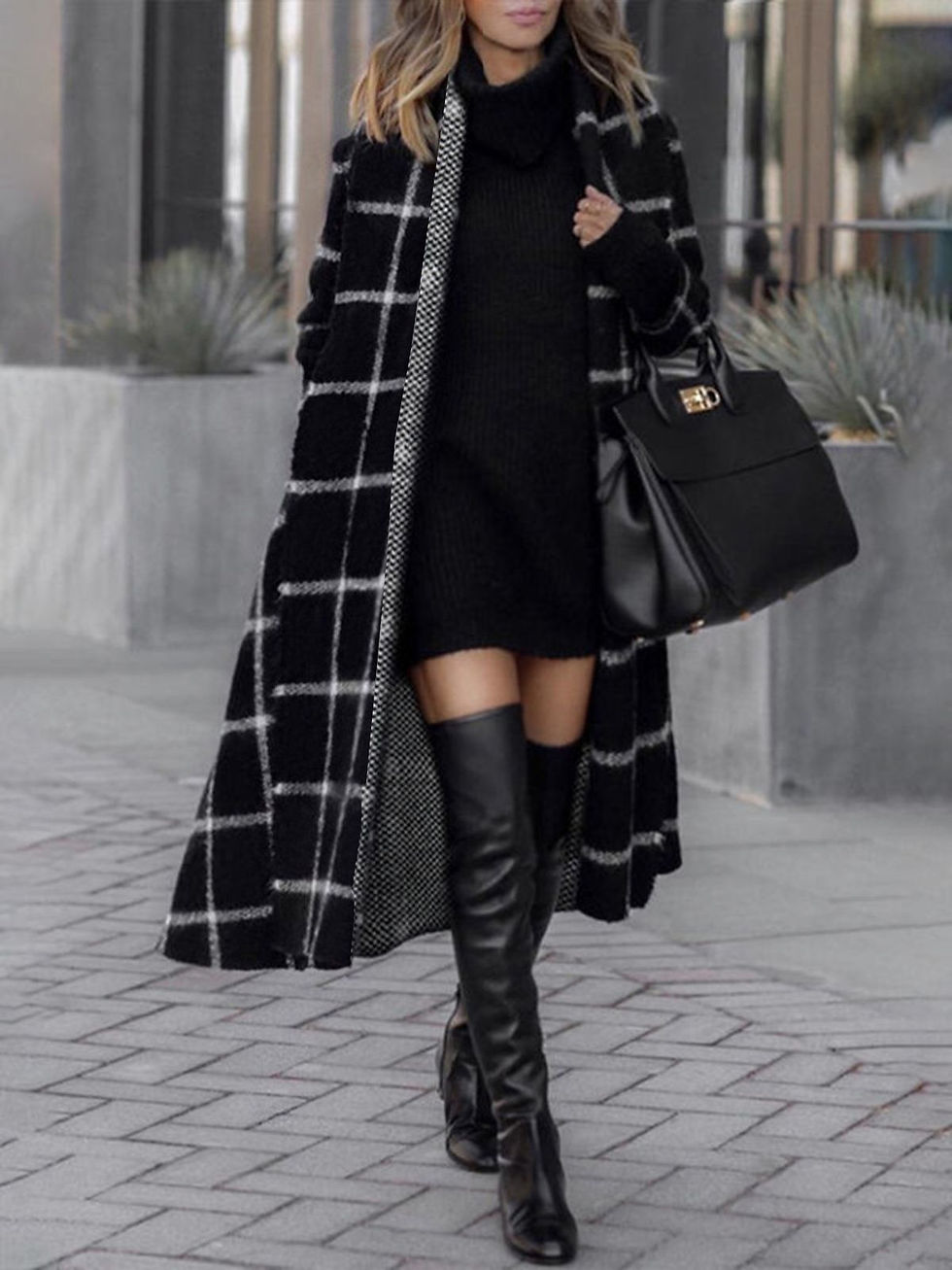 Women Winter Plaid Urban Natural Micro-Elasticity Daily Loose Long sleeve Long Sweater coa