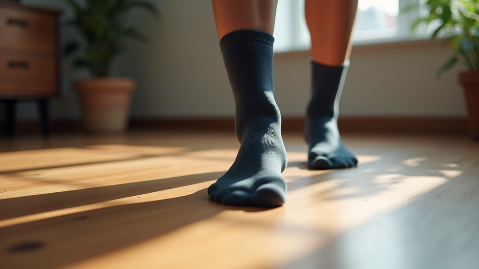 Close-up view of a pair of compression socks on a wooden floor