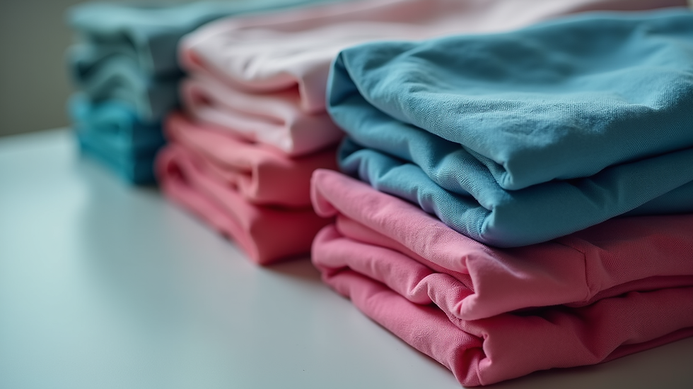 Close-up view of folded trendy women’s scrubs in various colors