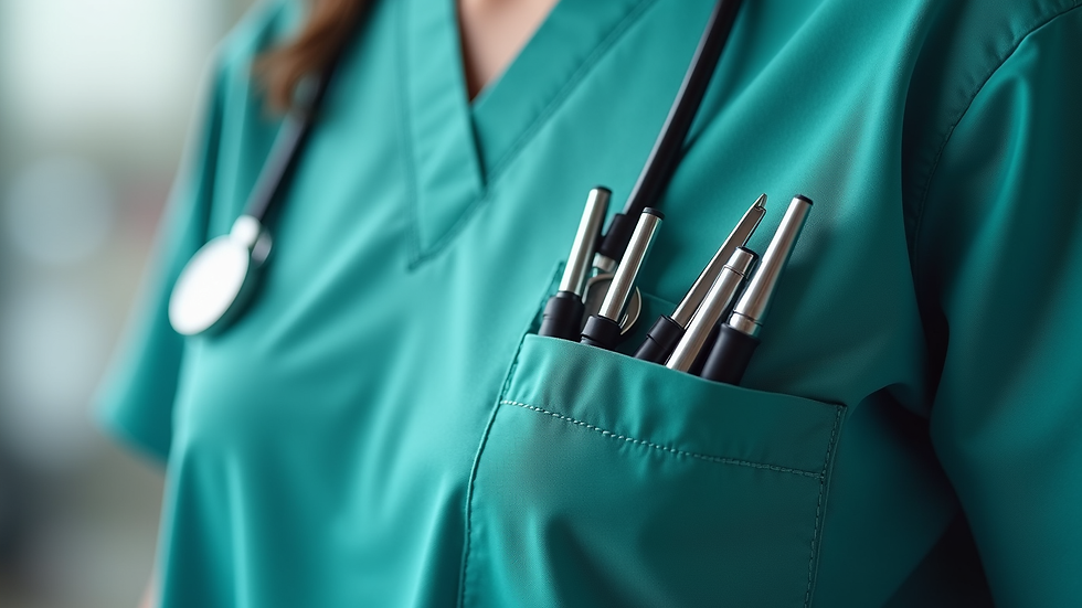 Close-up view of a scrub top pocket with a pen and medical tools