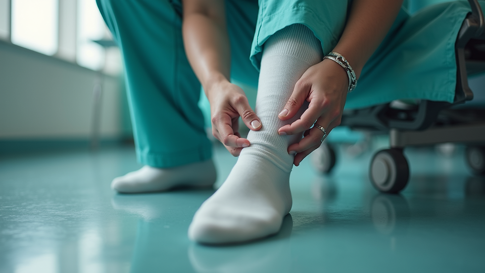 Eye-level view of a nurse putting on compression socks before a shift